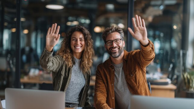 Happy Colleagues Waving in Modern Office Environment with Laptops and Smiling Faces