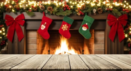 Cozy christmas fireplace with stockings and warm fire, rustic wood table foreground