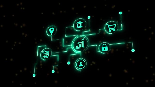 A glowing neon illustration depicts a network of interconnected business concepts, including growth, location, security, teamwork, and ecommerce,...