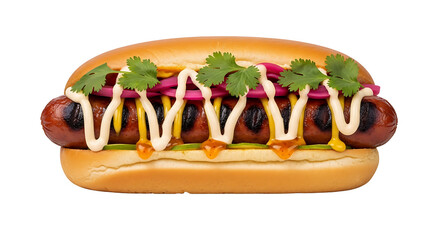 Modern gourmet hot dog with vibrant flower pattern, perfectly isolated on a clean transparent background for easy design use
