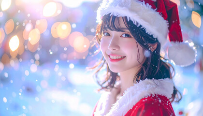 きらめく笑顔のサンタ衣装を着た日本人女性の明るいポートレートキラキラかわいい
– Cheerful Japanese Woman in Santa Costume on White Background