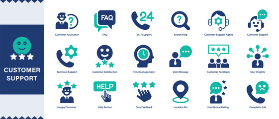 Customer service ,Customer support  icon set. Containing customer satisfied, assistance, experience, feedback, operator and technical support icons. Solid icon collection.