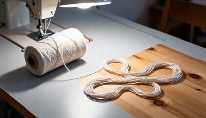 Unraveled thread on sewing table under soft lamp light, homey mood, realistic indoor photography