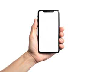 Hand holding a modern smartphone with a blank white screen