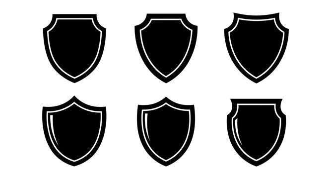 Set of six black shield silhouettes on white background for security and heraldry designs
