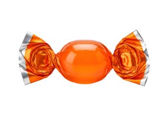Orange hard candy wrapped in shiny foil isolated on transparent background