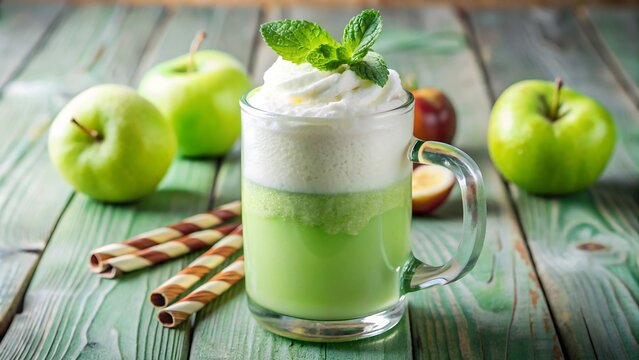 Refreshing green apple smoothie with mint in a mason jar on a rustic wooden table - Powered by Adobe