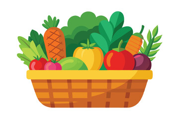 Woven basket with various vegetables including tomatoes, mango, carrots, and leafy greens is shown