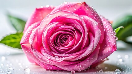 Beautiful pink rose with water droplets on petals and surrounding surface