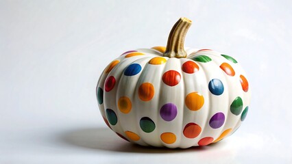 White pumpkin decorated with colorful polka dots, isolated on white background