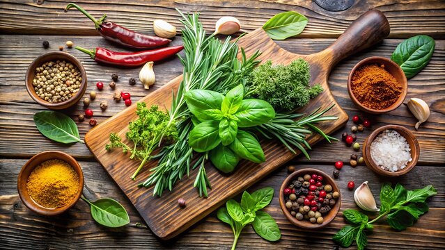 Fresh aromatic herbs and colorful spices arranged on a rustic wooden cutting board