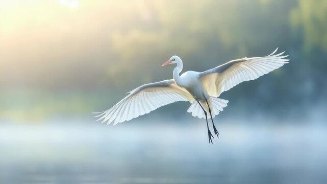 White swan in mid-flight over serene body of water at dusk