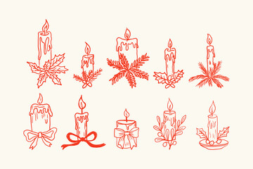 Hand Drawn Christmas Candle Illustrations Set. Vintage Holiday Line Art Decoration Elements