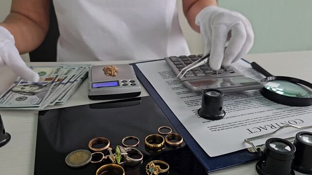 Jewelry appraisal process with cash and contract on display in detail