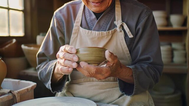 Elderly asian man ceramicist carefully inspecting a freshly glazed bowl in workshop with pottery wheels and shelves of clay pots in the background.