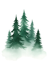 Fototapeta premium five stylized pine trees rendered in deep green watercolor with textured brush strokes and misty wet-on-wet washes, isolated on a transparent background with copy space. concept for elegant