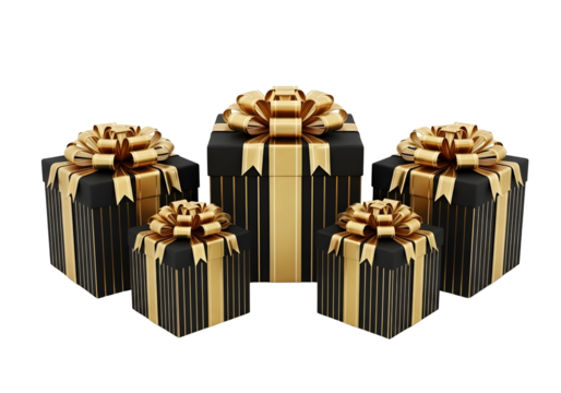 Group of black and gold gift boxes with ribbons isolated on transparent background