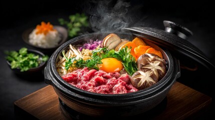 Delicious Japanese Hot Pot with Fresh Ingredients, Tender Meat, Vibrant Vegetables, and a Rich Broth in a Traditional Clay Pot on a Dark Background