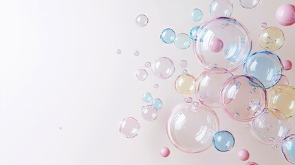 A collection of transparent, iridescent soap bubbles in various pastel shades of pink, blue, and yellow float against a soft, light background. The lighting is