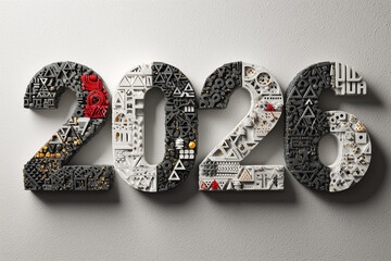 Three-dimensional 2026 numbers with intricate geometric pattern and shapes