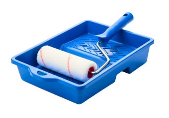 Blue paint tray with roller and brush isolated on transparent background