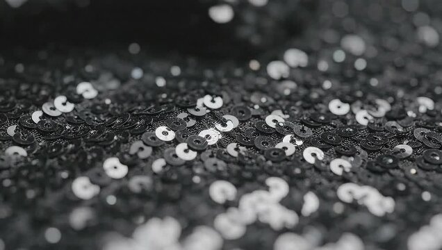 Close-up of sparkling black sequins reflecting light, a glamorous textile design texture background