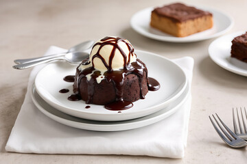 Chocolate Lava Cake with Vanilla Ice Cream: Decadent Dessert on White Plate, Rich Chocolate Sauce, Perfect for Food Photography and Recipe Blogs