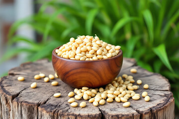 Pine Nuts in Wooden Bowl on Tree Stump: Close-Up of Raw, Healthy, and Delicious Edible Seeds for Cooking, Baking, and Snacking Photography