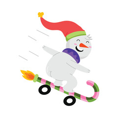 Snowman riding candy cane vector sticker illustration.