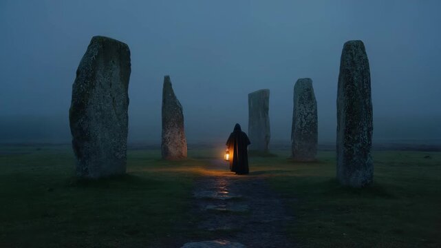 A cloaked person holding a lantern walks through a mysterious stone circle at twilight. Panoramic view of a mystical journey past ancient standing stones in a foggy landscape