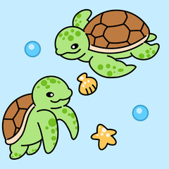 Cute turtles swimming underwater with bubbles and starfish.