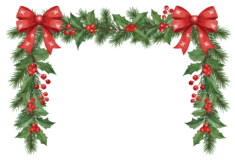 high-detail watercolor christmas garland border of pine, holly, and red berries accented by scarlet bows, forming an elegant seamless frame on white. Concept for winter holiday design asset