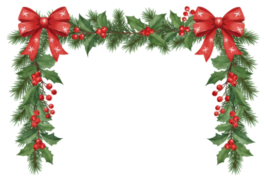 high-detail watercolor christmas garland border of pine, holly, and red berries accented by scarlet bows, forming an elegant seamless frame on white. Concept for winter holiday design asset