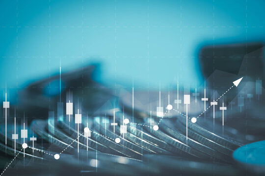 Stacks of coins with financial graphs and rising chart overlays investment growth, stock market performance, economic trends, wealth management, trading analytics, and financial planning concept.