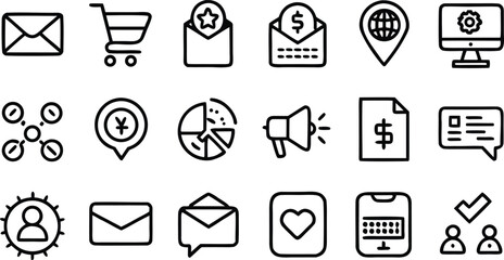 Versatile collection of business, communication, finance, and technology line icons for digital projects