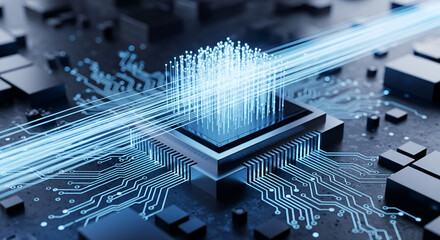 CPU microchip processing high-speed data flow on a dark circuit board.