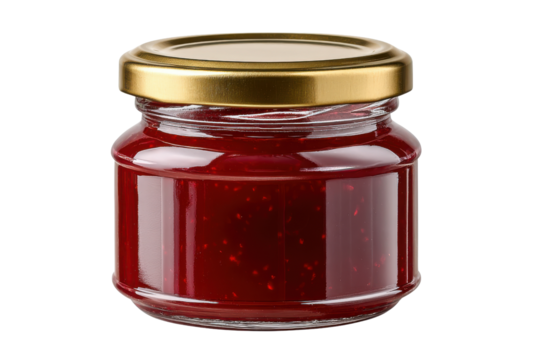 Glass jar filled with red raspberry jam and golden metal lid image, Isolated On Transparent Background, Png