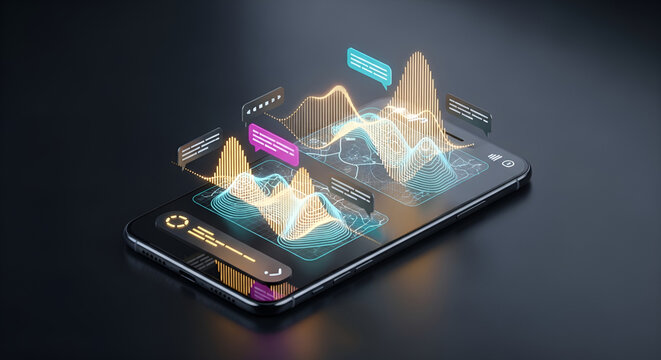 Futuristic data visualization waves and notifications displayed on a smartphone.
