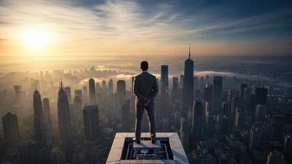 Successful businessman standing atop a skyscraper surveying the vast foggy city skyline during a brilliant orange and blue sunrise a metaphor for leadership and future planning - Powered by Adobe