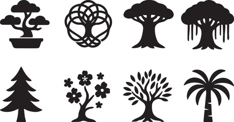 Cultural Themed Tree Silhouette Icon Set – Bonsai, Celtic Knot, Baobab, Banyan, Pine, Sakura, Olive – Minimal Line Icons.