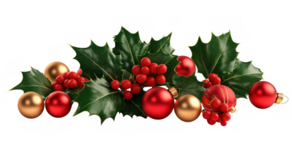 Red and gold ornaments with holly create festivity, created AI, PNG