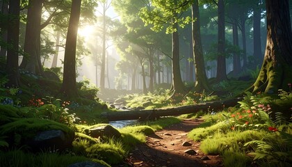 Sunlit path through a lush, green forest with a small stream and mossy terrain