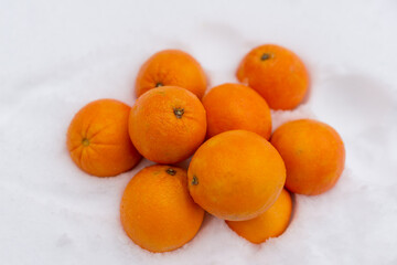 A cluster of bright oranges rests directly on soft snow, blending natural color with crisp winter texture. The simple composition highlights freshness, organic produce, and vibrant contrast.