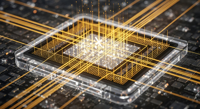 Close-up of a futuristic microchip processing data with glowing golden lines.