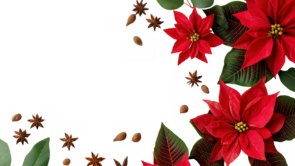 Red poinsettias and green leaves for the holidays, created AI, PNG