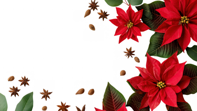 Red poinsettias and green leaves for the holidays, created AI, PNG