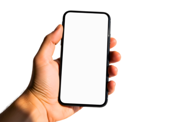 Hand holding a modern smartphone with a blank screen isolated on transparent background