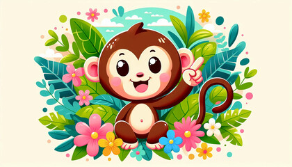 Fototapeta premium Cute monkey pointing upward with a playful smile, pastel jungle-style colors.