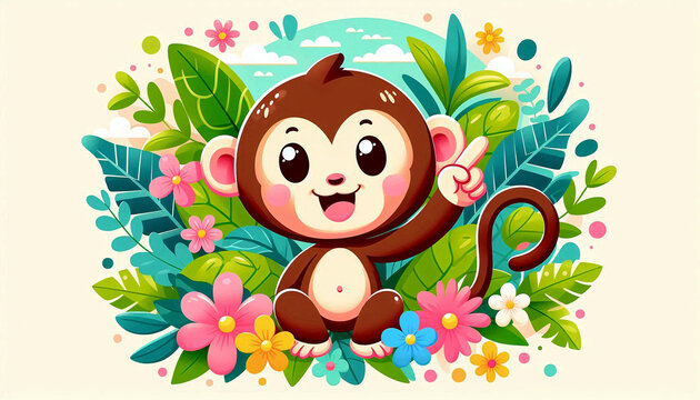 Cute monkey pointing upward with a playful smile, pastel jungle-style colors.