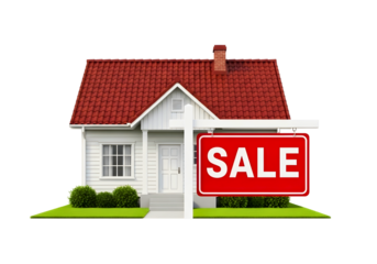 White house with red roof and sale sign isolated on transparent background